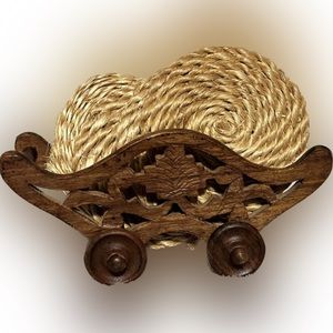 🔴Vintage Wood Carved Cart Coasters 1970’s Tableware Accent Decor